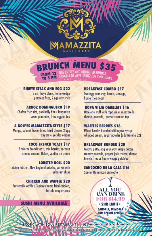 Sunday brunch menu — $35 per guest, 12–5 PM, unlimited mimosas, sangria or Aperol spritz