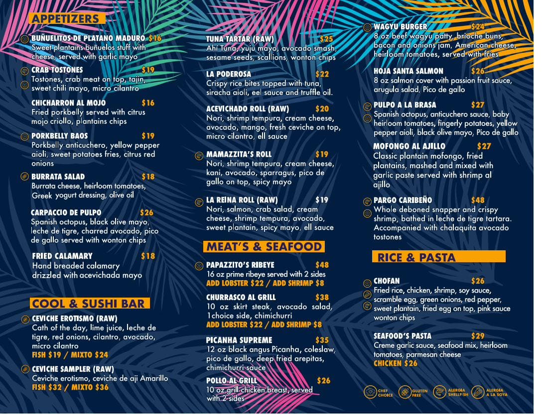 Main menu page 2 — Appetizers, Sushi, Meats & Seafood, Rice & Pasta