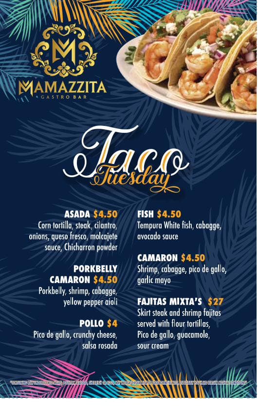 Taco Tuesday menu — tacos $4–$4.50, Fajitas Mixtas $27